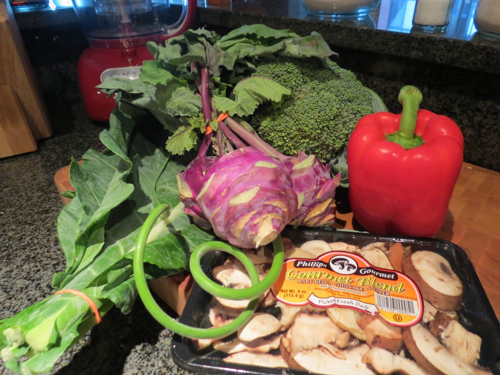Collard Greens, Garlic Scapes, Purple Kohlrabi, Mushrooms, Broccoli, Bell Pepper